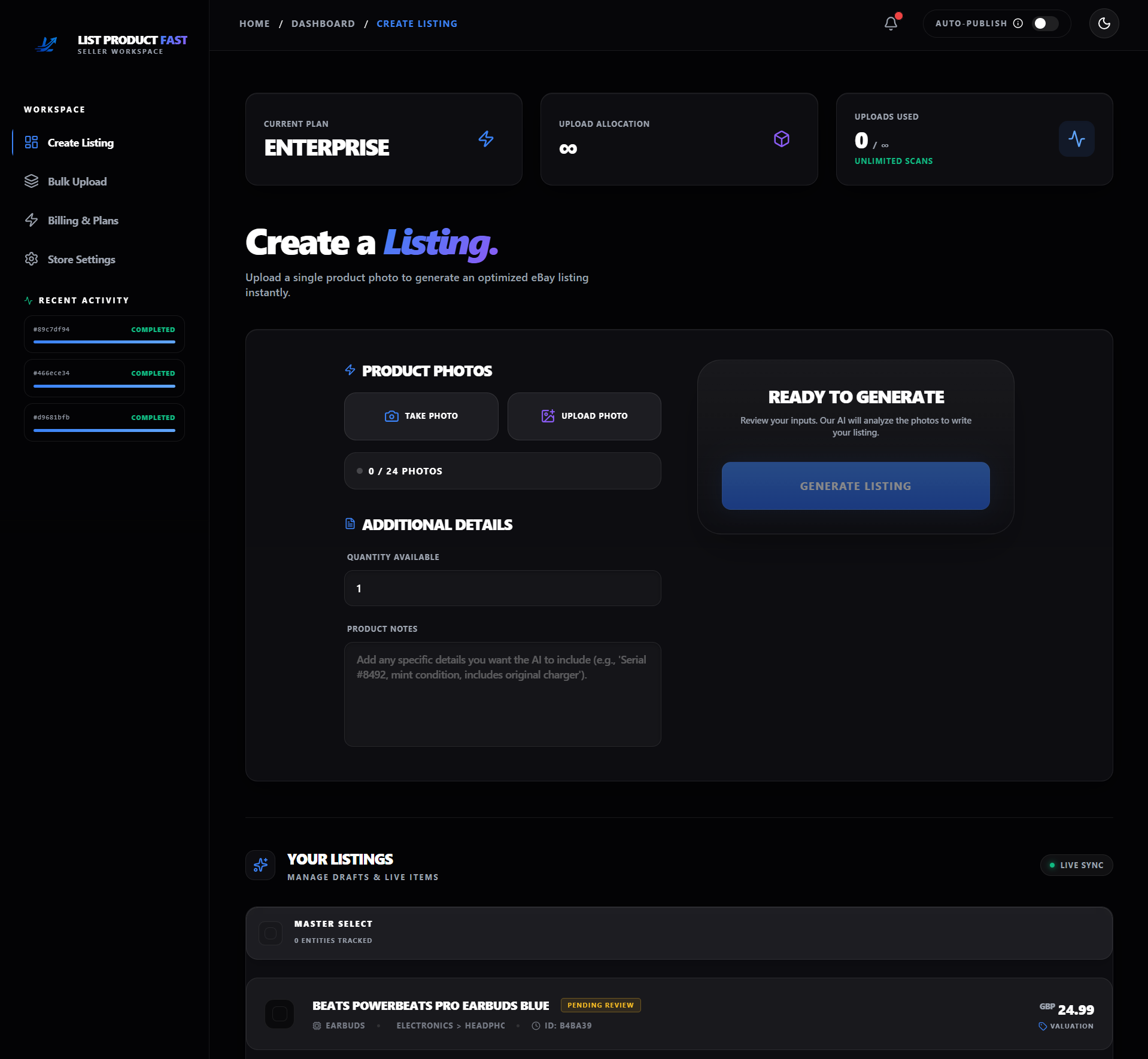 List Product Fast Dashboard - AI-Powered eBay Listing Tool